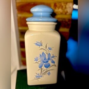 Floral Cream and Blue Ceramic Cookie Jar